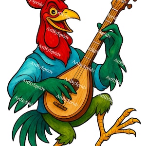 May include: A cartoon rooster playing a lute. The rooster has a red comb and wattle, a yellow beak, and is wearing a blue shirt and green gloves and pants. The lute is brown with a light wood soundboard.