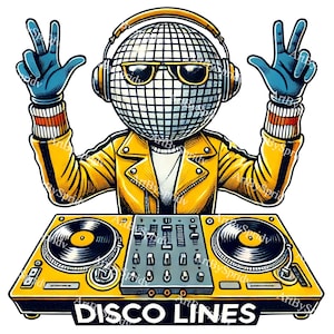 Groovy Disco Ball DJ with Turntables PNG Clipart, Retro 70s Vibes, Party Illustration for Music Designs, T-Shirts Sublimation, Posters, DIY