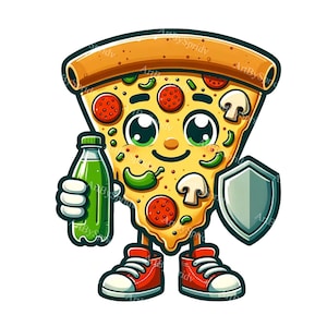 Kids Party Pizza Character Clipart - Cute Cartoon Pizza Holding Soda and Shield,Digital Download,Transparent PNG,DIY Craft Sublimate Project
