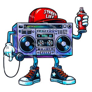 May include: A cartoon illustration of a boombox with arms, legs, and a red baseball cap that says "STREET LIFE." The boombox is holding a microphone and a spray paint can, wearing black sneakers with white stars.
