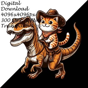 Orange Tabby Cat Cowboy Riding T-rex Dinosaur Digital PNG Clipart ...