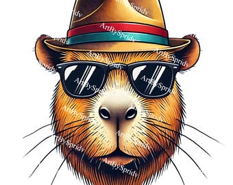 Cool Capybara PNG with Sunglasses & Fedora, Funny Hipster Animal Clipart, Trendy Capybara Clip Art for Sublimation, Stickers, T-Shirts,Gifts