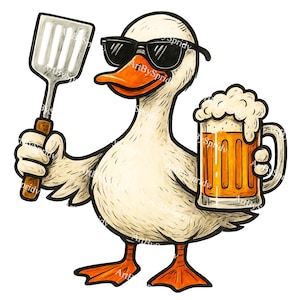 Duck with Beer and BBQ Spatula PNG | Cool Duck in Sunglasses Cartoon | Summer Grill Party Animal Clipart for Sublimation & T-Shirt Design