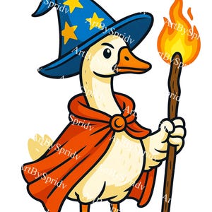 Wizard Duck PNG Clipart, Cute Cartoon Duck in Magic Hat and Cloak Holding Torch,Fantasy Animal Sublimation Design for Shirts,Stickers&Crafts