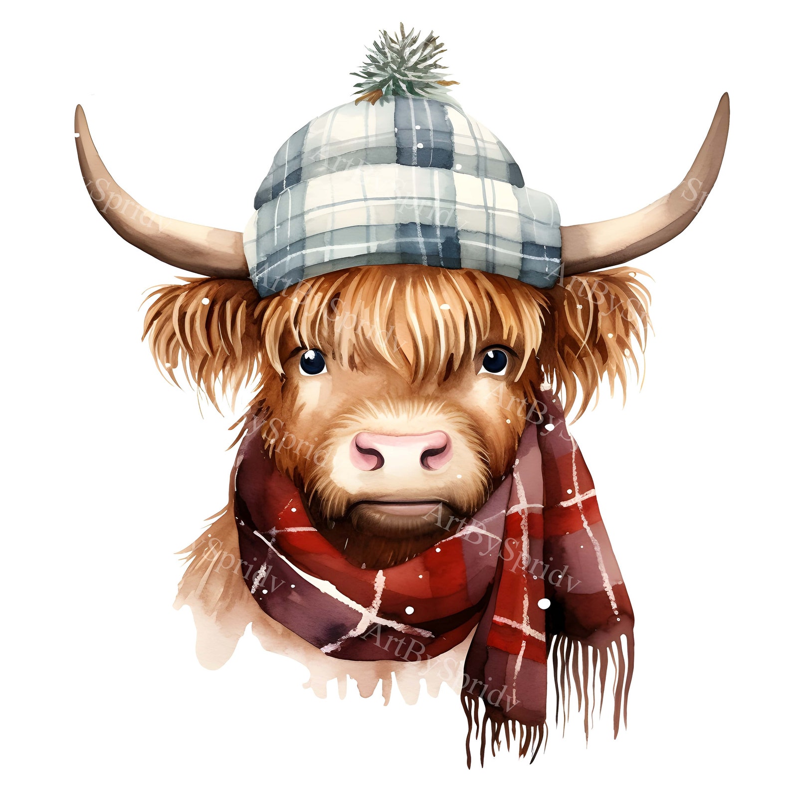 Watercolor Highland Cow Clipart PNG, Cozy Winter Cow With Plaid Scarf ...