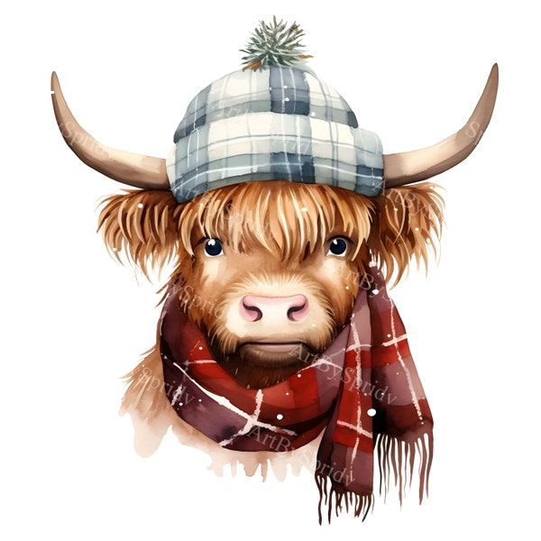 Watercolor Highland Cow With Scarf & Hat  Clip Art - Printable T Shirt, Mug Sublimation Transparent PNG Clipart-Commercial, Digital Download