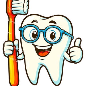 Glücklicher Cartoon-Zahn mit Zahnbürste PNG | Süßer Zahn mit Brille Clipart | Transparente Zahnpflege Sublimation für Sticker & Shirts