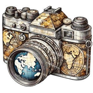 Appareil photo vintage avec carte du monde PNG, clipart photographe de voyage pour sublimation, art de l'envie de voyager, conception d'objectif globe rétro, décoration aventure