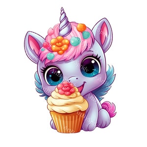 Cartoon Baby Einhorn mit einem Cupcake PNG Clipart, transparent Tierliebhaber Druck, Clip Art Design, DIY druckbare Geburtstag Sublimation Tshirt, Tasse