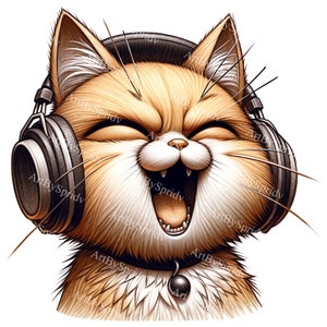 Clipart DJ adorable chat avec casque PNG transparent, art numérique amateur de musique chaton mignon, parfait pour les travaux manuels et les projets-téléchargement instantané