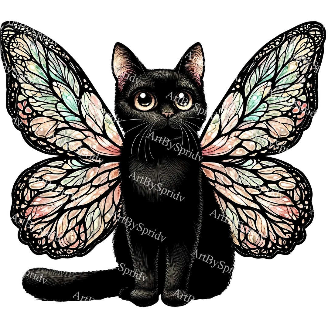 虹色の蝶の羽を持つ魅惑的な黒猫 PNG クリップアート - デジタル