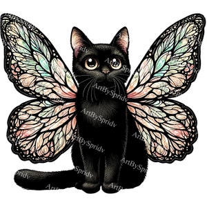 Enchanting Black Cat with Iridescent Butterfly Wings PNG Clipart-Magical Fairy Kitten Art for Digital Download,Perfect for Craft,Sublimation