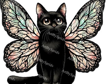 虹色の蝶の羽を持つ魅惑的な黒猫 PNG クリップアート - デジタル