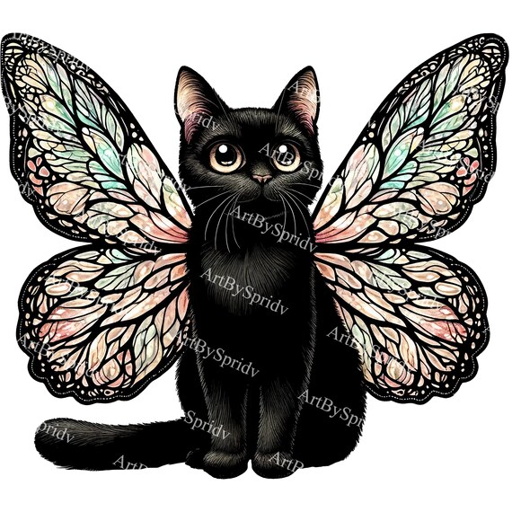 虹色の蝶の羽を持つ魅惑的な黒猫 PNG クリップアート - デジタル