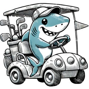 Funny Shark Driving Golf Cart PNG Clipart, Cute Cartoon Shark Golfer for Golf-Themed Invitations, Sports Digital Clip Art, Fun Golf Cart Art