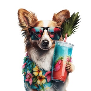 Dog With Sunglasses & Hawaiian Shirt PNG Clipart,Transparent Pet Print,Cartoon Design,Printable Sublimation,Commercial,Kids/Adults Clip Art