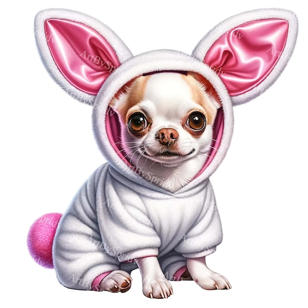 Charming Chihuahua in Bunny Outfit Clipart - Easter Celebration & Pet Enthusiast Sublimation Art, Transparent Printable Animal Costume PNG