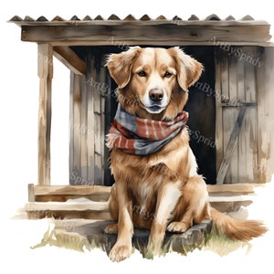 Golden Retriever Dog PNG Clipart with Bandana, Rustic Farmhouse Dog Illustration for DIY Crafts, Invitations, Sublimation, Pet Decor,Country