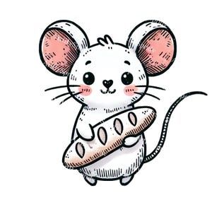 Mouse segurando baguete Baixar PNG clipart, ilustração de clip art digital de animal fofo para sublimação de camisetas, álbum de recortes, projeto de artesanato DIY