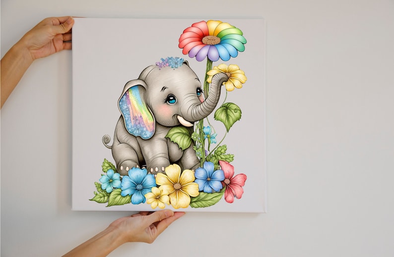 May include: A cartoon illustration of a gray elephant with rainbow ears standing in a field of colorful flowers. The elephant is holding a yellow flower in its trunk. The flowers are pink, blue, yellow, and green.