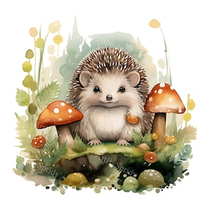 Hérisson mignon PNG Clipart-Illustration d'animaux des bois, art de créatures de la forêt, hérisson lunatique avec des champignons, téléchargement numérique Transparent