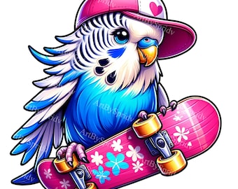 Vibrant Parakeet Parrot Clipart - Skateboarding Budgie Graphic - Digital Download for Sublimation&Print,Kids Decor,Apparel DIY Craft Design
