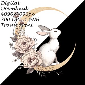Floral Moon Rabbit PNG, Elegant Vintage Bunny Illustration, Boho ...