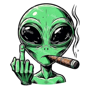 Bold Green Alien Smoking Cigar with Middle Finger Gesture - Digital PNG Clipart for Sublimation, T-Shirts, and DIY Craft Projects, Sublimate