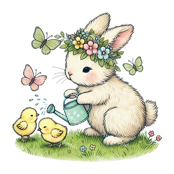 Carino Coniglio Di Pasqua Con Fiori Di Sorgente Illustrazione di Stock - Illustrazione di carino