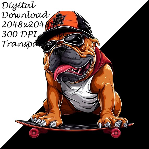 Cool Skateboarding Bulldog PNG Clipart, Hip Urban Dog With