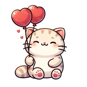 Valentijnsdag cartoon kat clipart - hart ballonnen PNG, digitale sublimatie voor T-shirts, mokken, bekers, scrapbooking-liefdesthema illustraties