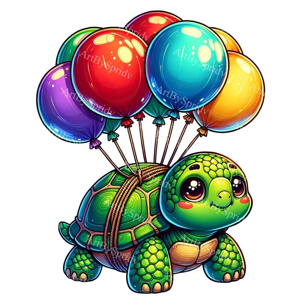 Adorable Green Turtle Digital Clipart With Colorful Balloons PNG ...