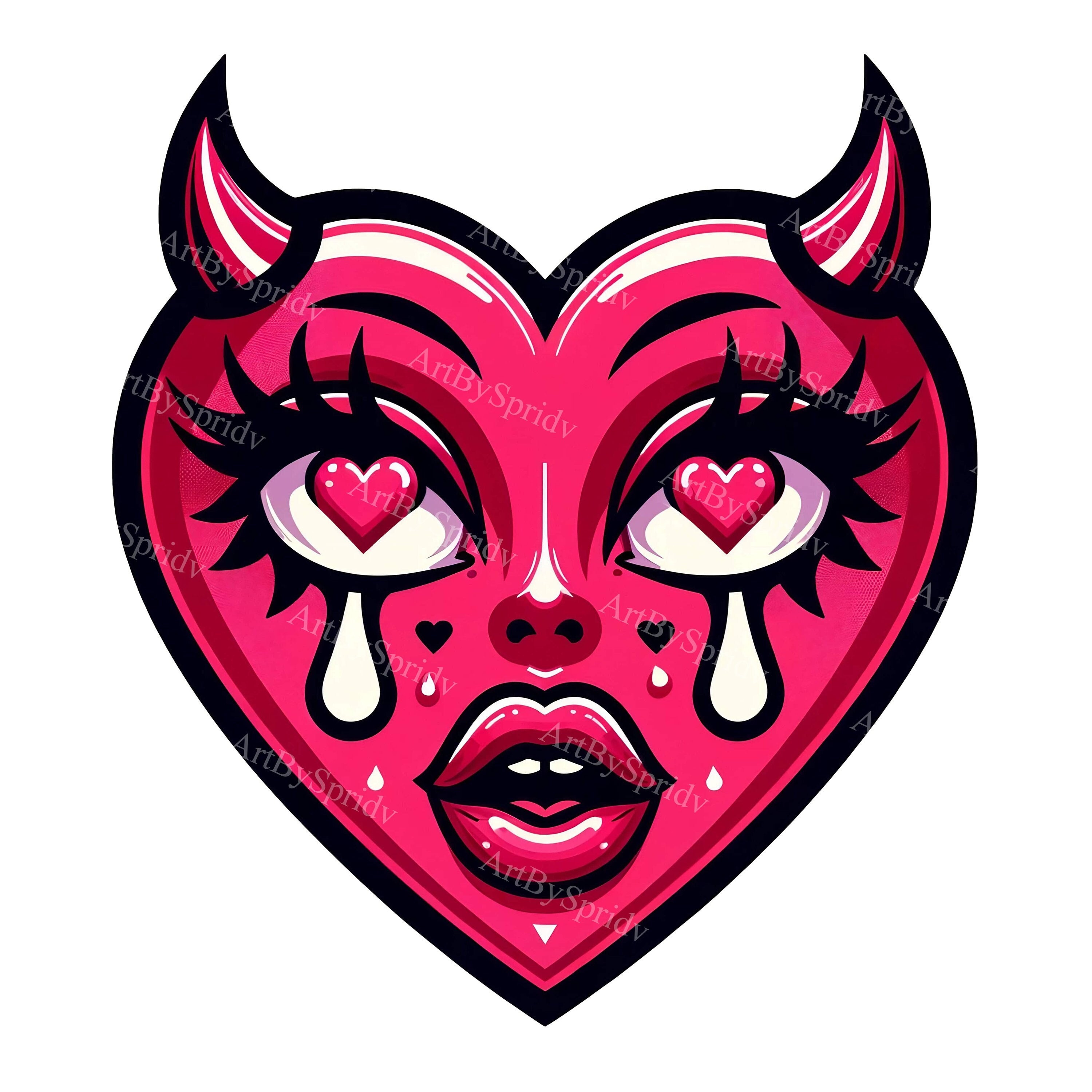 Valentine Devil Horns Heart Face Clipart - Digital PNG for DTG, T-Shirt, Mug, Tumbler Sublimation, Scrapbooking-Unique Love Clip Art Design