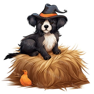 Adorable Dog in Witch Hat Sitting on Haystack with Bird Halloween PNG Clipart - Perfect for Fall Farmhouse Decor, Invitations & DIY Crafts
