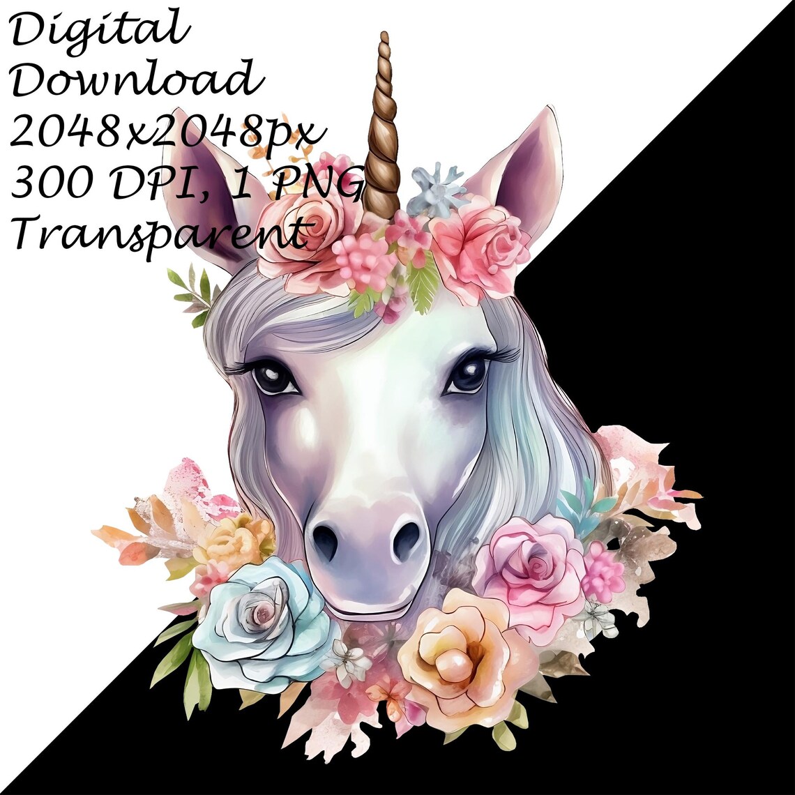 Baby Unicorn PNG Clipart With Floral Crown, Magical Nursery Decor ...