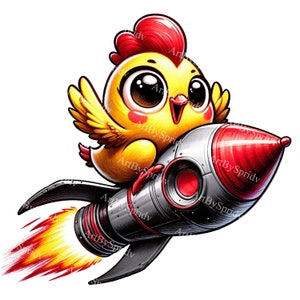 Whimsical Cartoon Chick Riding Rocket Clipart | Digital Download Clip Art for Kids | Colorful Space-Themed Nursery Decor Art DIY Craft Print