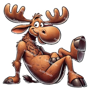 Lustiger Cartoon-Elch PNG, entspannender Elch Clipart, niedliche Waldtier-Digital-Kunst, wunderliche Wildtier-T-Shirt-Sublimationsentwurf, rustikale Hütten-Dekor