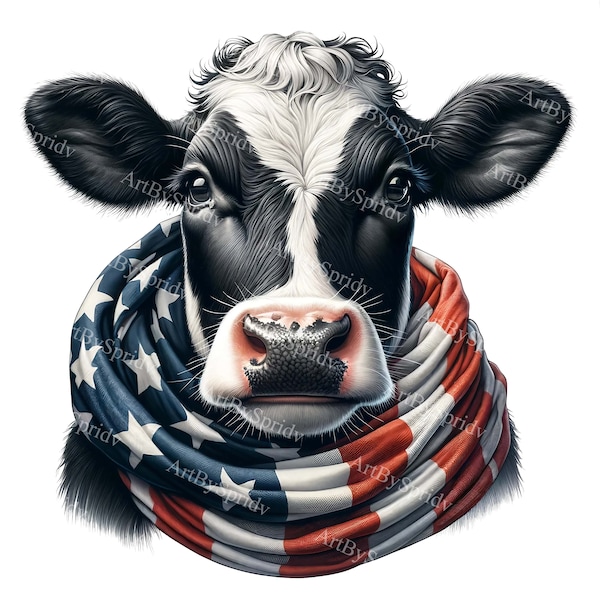 Patriotic Cow Clipart, Holstein Friesian with American Flag Scarf, Digital Download, Farm Animal PNG for Sublimation, 4th of July Design