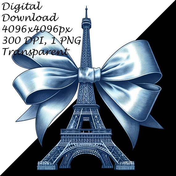 Eiffel Tower Clipart with Elegant Bow Ribbon French Parisian Landmark  Illustration-Transparent PNG for Invitations&Crafts-Digital Download