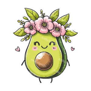 Adorable Kawaii Avocado Clipart with Floral Crown-Cute Digital Download PNG for Scrapbooking,Stickers,Sublimation Project-Instant Download