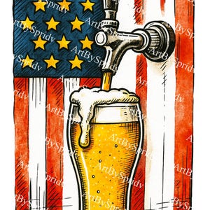American Flag Beer Tap Clipart PNG, Patriotic Beer Glass Digital Download, 4th of July Sublimation Art, USA Independence Day Bar Decor Print