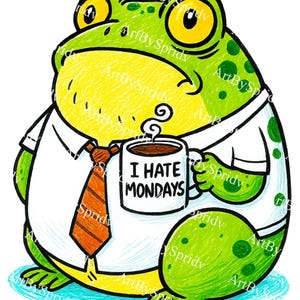 May include: A cartoon illustration of a green frog wearing a white shirt and orange tie, holding a mug of coffee. The mug reads "I HATE MONDAYS". The frog has a grumpy expression.
