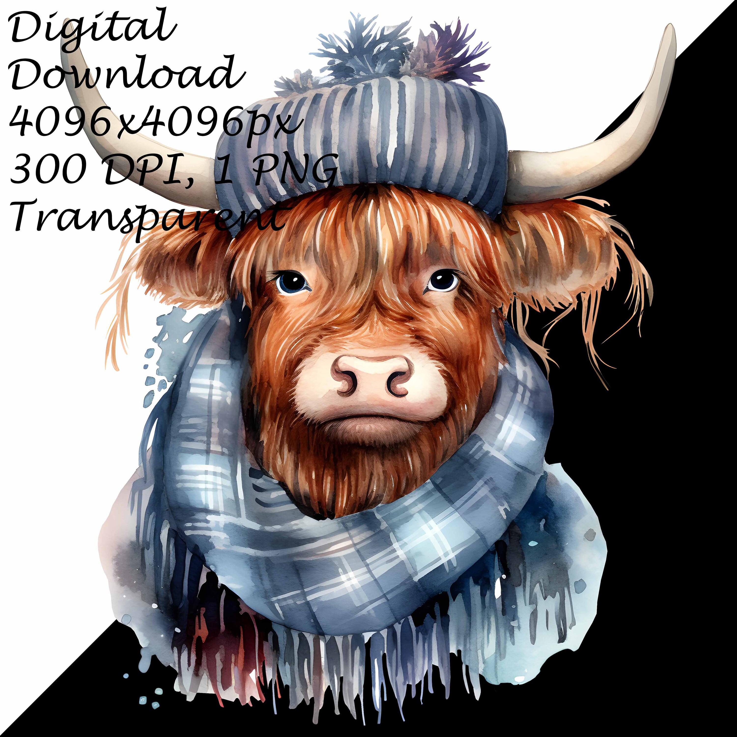 Watercolor Highland Cow With Scarf & Hat Clip Art - Printable T Shirt ...