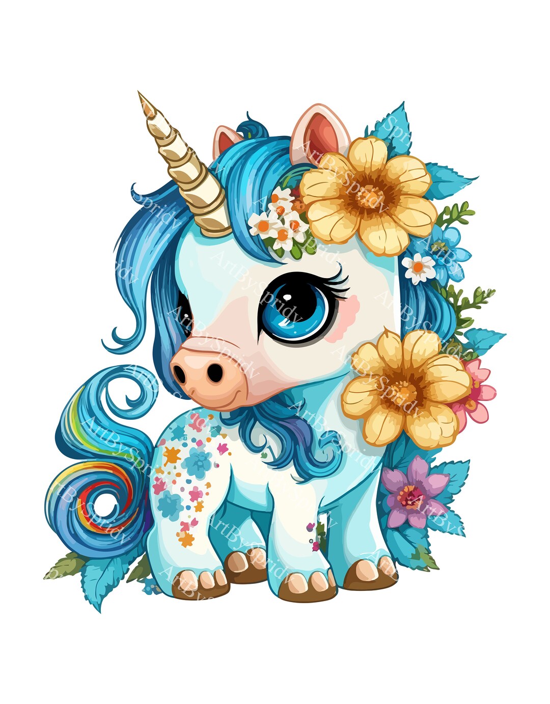 Cute Unicorn Floral PNG Transparent Animal Clipart Kids - Etsy