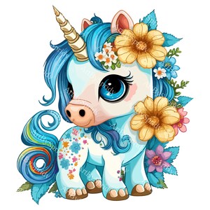 Rainbow Unicorn with Flowers Clipart PNG, Adorable Baby Unicorn Illustration for Nursery Decor, DTG T-Shirt Sublimation, Digital DIY Crafts