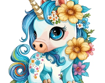 Rainbow Unicorn with Flowers Clipart PNG, Adorable Baby Unicorn Illustration for Nursery Decor, DTG T-Shirt Sublimation, Digital DIY Crafts