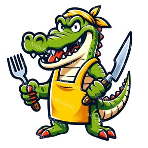 陽気な漫画のワニのシェフのクリップアート、楽しいワニの料理のイラスト、デジタルダウンロード、キッチンアートPNG、料理のワニのグラフィックDIYクラフト
