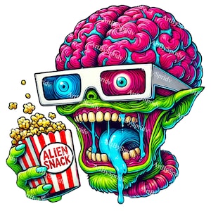 May include: A green and pink alien with a brain for a head is wearing 3D glasses and holding a red and white box of popcorn that says "Alien Snack".
