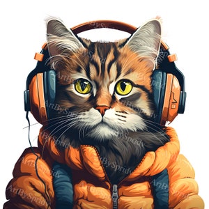 Clipart PNG de chat avec un casque, clipart Transparent mignon chaton sur le thème de la musique pour autocollants, scrapbooking, sublimation, projets d'artisanat bricolage