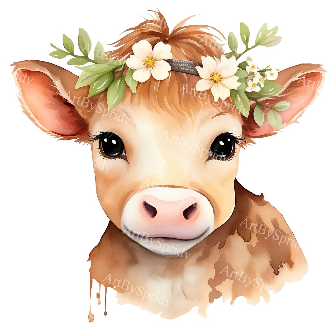 Cute Watercolor Floral Farm Cow Transparent PNG Clipart,kids/adults ...